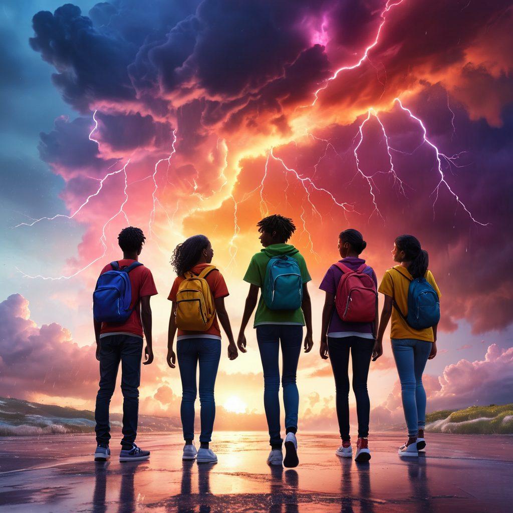 A vibrant and dynamic scene depicting a diverse group of teenagers, each navigating their own personal storms represented by swirling clouds, rain, and lightning that transform into colorful mental health resources like books and apps. The background shows a bright horizon symbolizing hope and resilience. The teenagers are engaged in discussions, showcasing joy and support amidst challenges. super-realistic. vibrant colors. 3D.