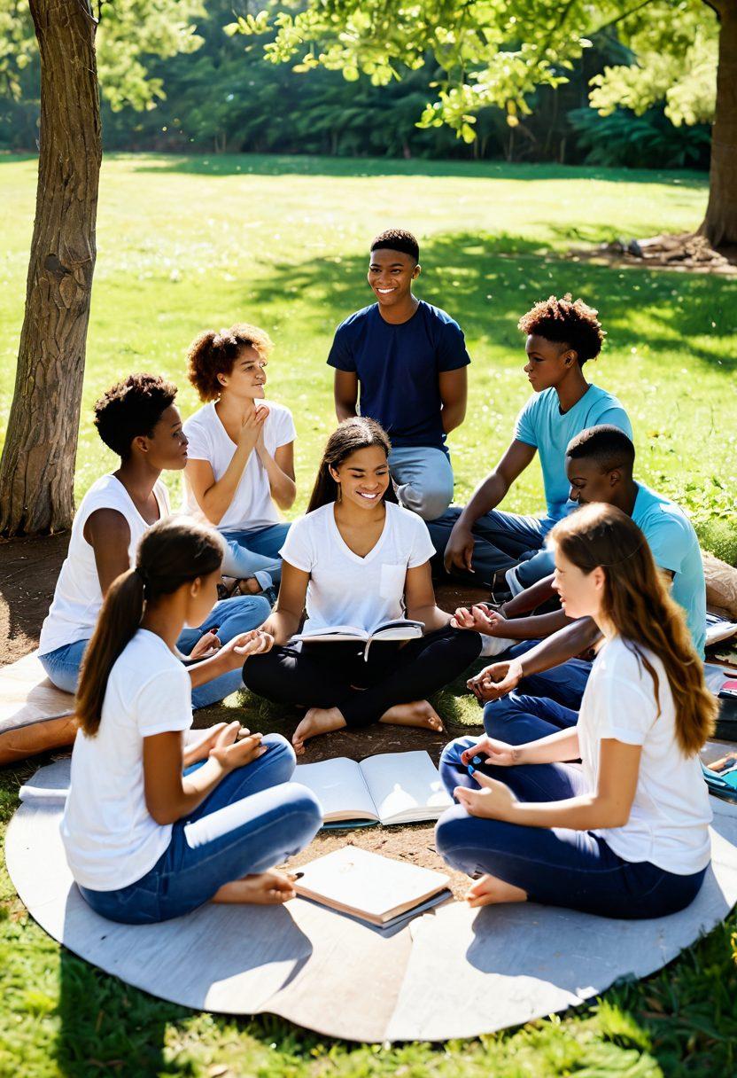 A diverse group of teenagers sitting in a circle, sharing and supporting each other with tools like journals, yoga mats, and art supplies around them. The background emphasizes a serene park scene, signifying calmness and connection to nature. Bright sunlight filters through trees, creating a warm and inviting atmosphere. Illustrate the emotions of joy, empathy, and strength on their faces, showcasing resilience and self-care practices. 3D. vibrant colors.