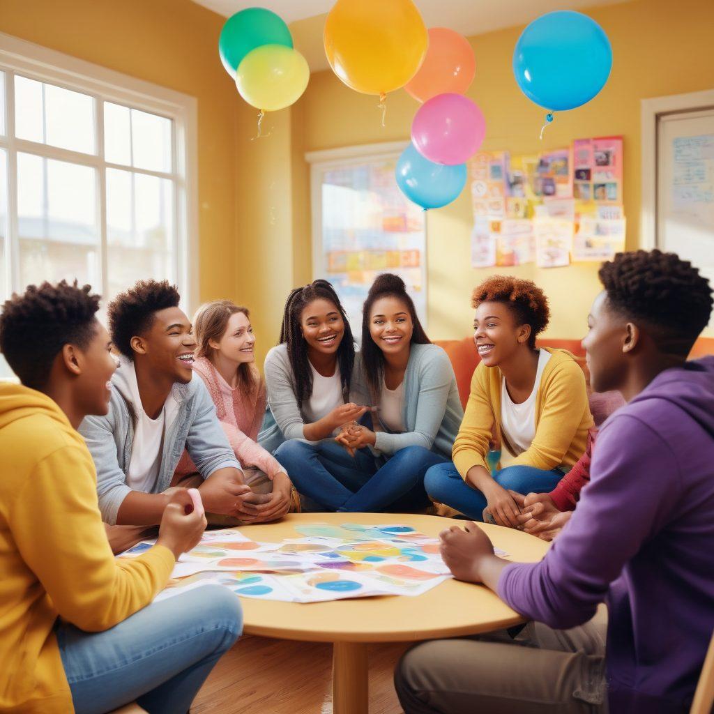 A diverse group of enthusiastic young people engaged in a lively support group circle, sharing ideas and experiences, with vibrant expressions of hope and determination. Include elements like colorful discussion bubbles, supportive gestures, and inspirational quotes floating around. The background features a warm and inviting community center with motivational posters. super-realistic. vibrant colors. warm tones.